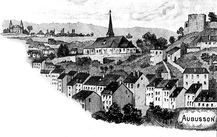 Gravure de la ville d'Aubusson, en 1883 - gravure reproduite et restaurée numériquement par © Norbert Pousseur
