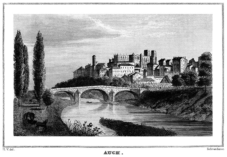 Auch vers 1830 et son pont sur le Gers - gravure reproduite et restaurée par © Norbert Pousseur