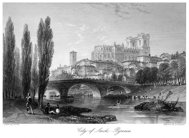 Auch le long du Gers, vers 1840 - gravure reproduite et restaurée par © Norbert Pousseur