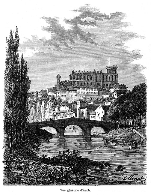 Auch dominée par sa cathédrale vers 1870 - gravure reproduite et restaurée par © Norbert Pousseur