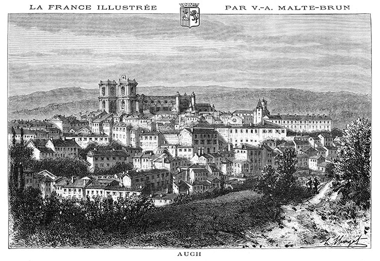Auch vue de haut, vers 1880 - gravure reproduite et restaurée par © Norbert Pousseur