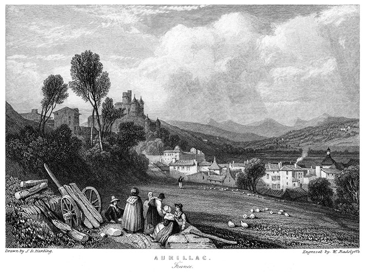 Aurillac et groupe de paysans du Cantal, vers 1830  - gravure reproduite et restaurée numériquement par © Norbert Pousseur