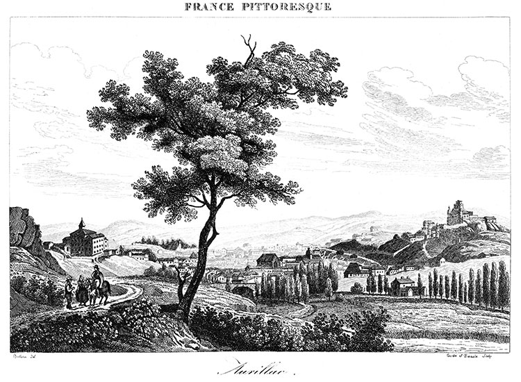 Aurillac, depuis une route d'accès, vers 1830 - gravure reproduite et restaurée numériquement par © Norbert Pousseur
