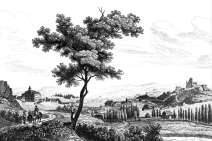 Zoom sur Aurillac, depuis une route d'accès, vers 1830 - gravure reproduite et restaurée numériquement par © Norbert Pousseur