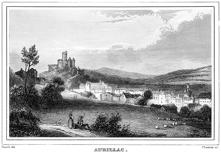 Aurillac et sa campagne vers 1835 - gravure reproduite et restaurée numériquement par © Norbert Pousseur