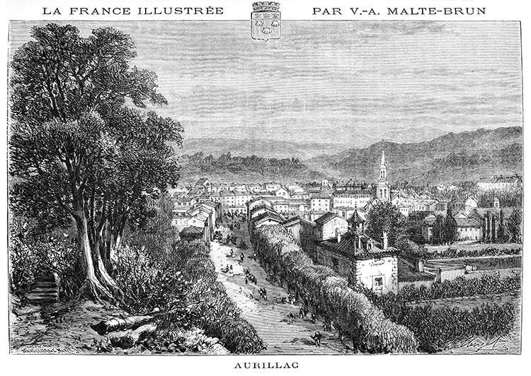Aurillac vers vers 1880, - gravure reproduite et restaurée numériquement par © Norbert Pousseur