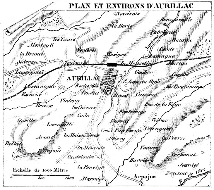 Plan d'Aurillac vers 1880 - gravure reproduite et restaurée numériquement par © Norbert Pousseur