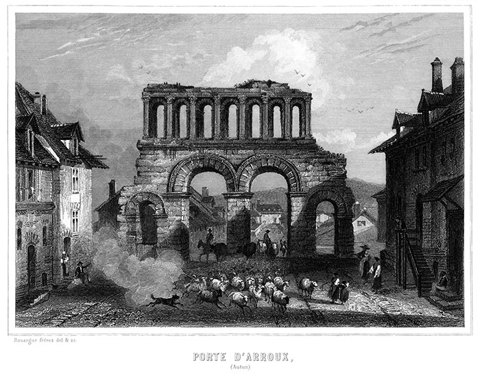 Porte d'Arroux d'Autun - Gravure de 1859 reproduite puis restaurée par © Norbert Pousseur