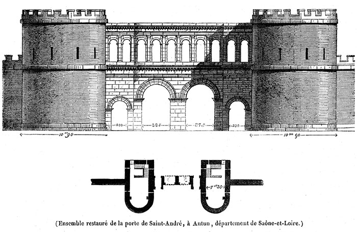 Porte St André d'Autun restaurée - Gravure de 1839 reproduite puis restaurée par © Norbert Pousseur