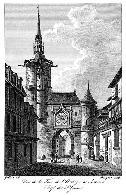 Auxerre, la Tour de l'Horloge, vers 1825 - gravure reproduite et retouchée numériquement par © Norbert Pousseur