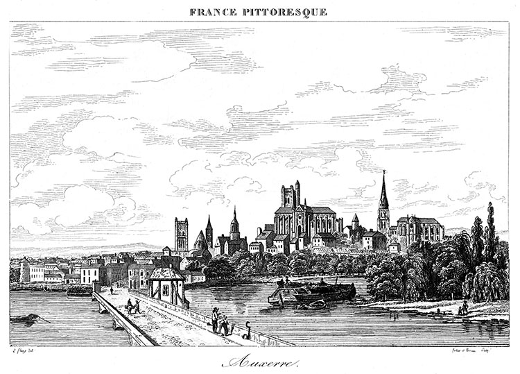Auxerre vers 1830, vue de son pont sur l'Yonne - gravure reproduite et retouchée numériquement par © Norbert Pousseur