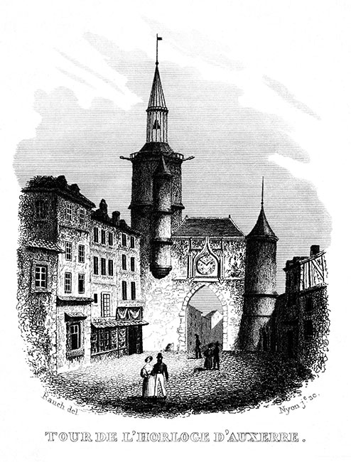 Auxerre, la Tour de l'Horloge, vers 1835 - gravure reproduite et retouchée numériquement par © Norbert Pousseur