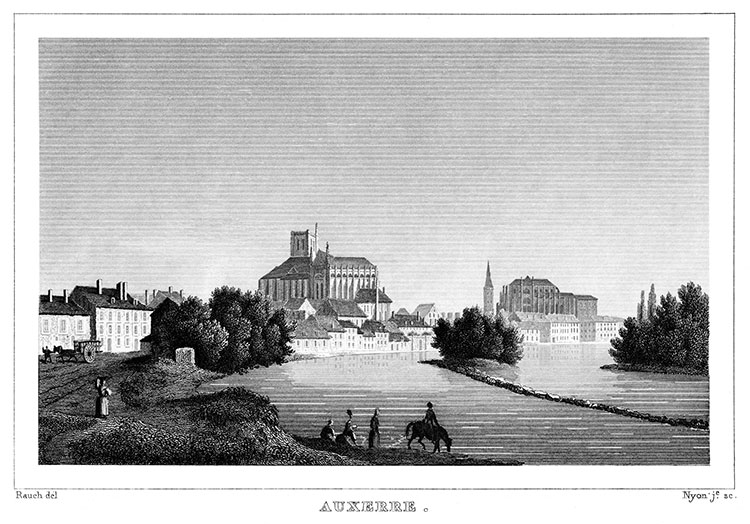 Auxerre le long de l'Yonne vers 1830 - gravure reproduite et restaurée numériquement par © Norbert Pousseur