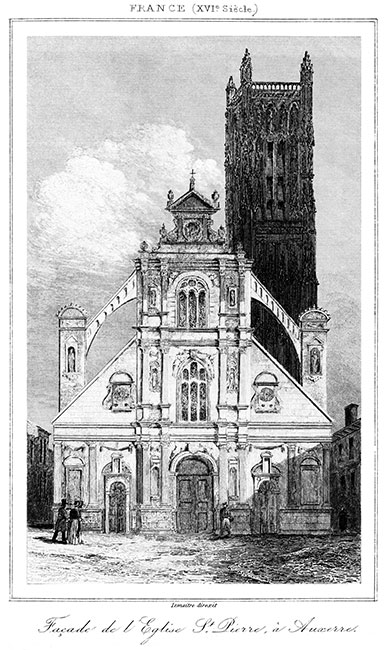 Auxerre, église St Pierre vers 1840 - gravure reproduite et retouchée numériquement par © Norbert Pousseur