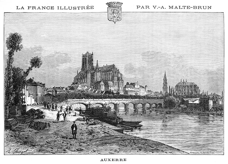 Auxerre vers 1880 et son quai sur l'Yonne - gravure reproduite et retouchée numériquement par © Norbert Pousseur