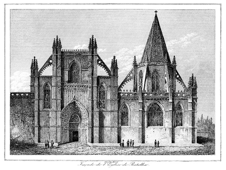 Igreja da Batalha em Portugal, cerca de 1840 - gravura reproduzida e corrigida digitalmente por © Norbert Pousseur