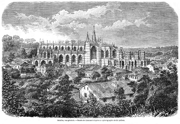 Vue générale de Batalha au Portugal vers 1860 - gravure reproduite et corrigée numériquement par © Norbert Pousseur