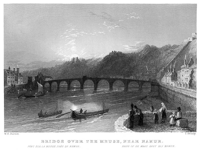 Pont sur la Meuse à Namur par William Barlett - gravure reproduite et restaurée numériquement par © Norbert Pousseur