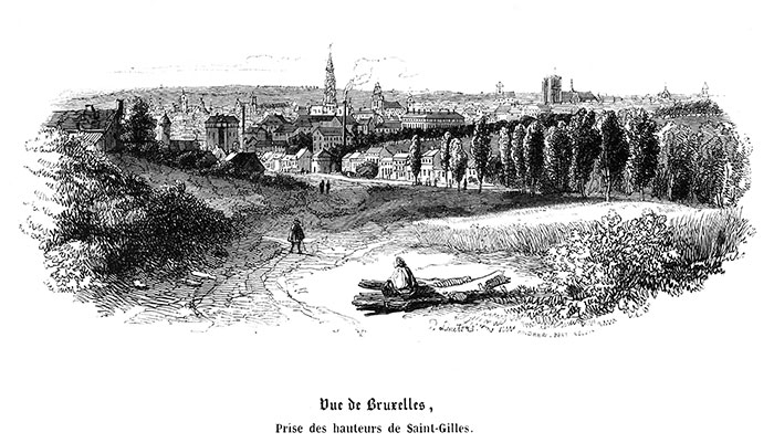 Bruxelles vers 1840 depuis St Gilles - gravure reproduite et restaurée numériquement par © Norbert Pousseur