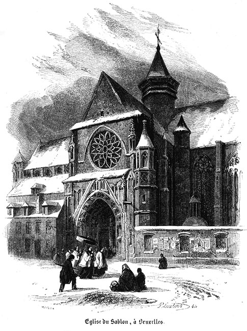 église du Sablon de Bruxelles vers 1840 - gravure reproduite et restaurée numériquement par © Norbert Pousseur