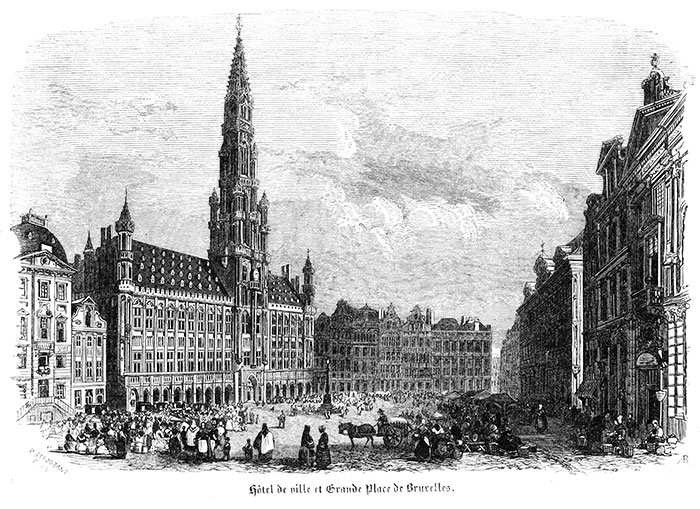 Hôtel-de-ville de Bruxelles vers 1840 - gravure reproduite et restaurée numériquement par © Norbert Pousseur