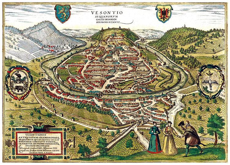 Besançon vers 1640, - gravure numérisée et conservée par la ©  BNF, reproduite et retouchée par © Norbert Pousseur