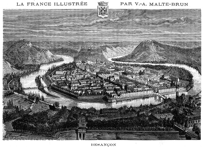 Besançon entourée par le Doubs vers 1880 - gravure reproduite et retouchée par © Norbert Pousseur