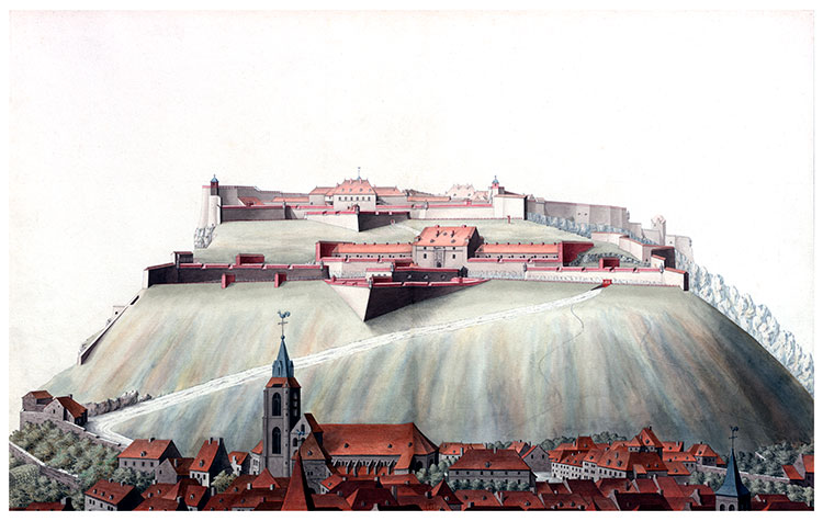 Les fortifications de Vauban à Besançon, vers 1710 - gravure numérisée et conservée par la ©  BNF, reproduite et retouchée par © Norbert Pousseur