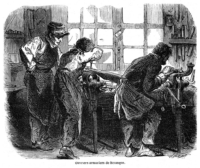 Ouvriers armuriers, à Besançon  vers 1850 - gravure reproduite et retouchée par © Norbert Pousseur