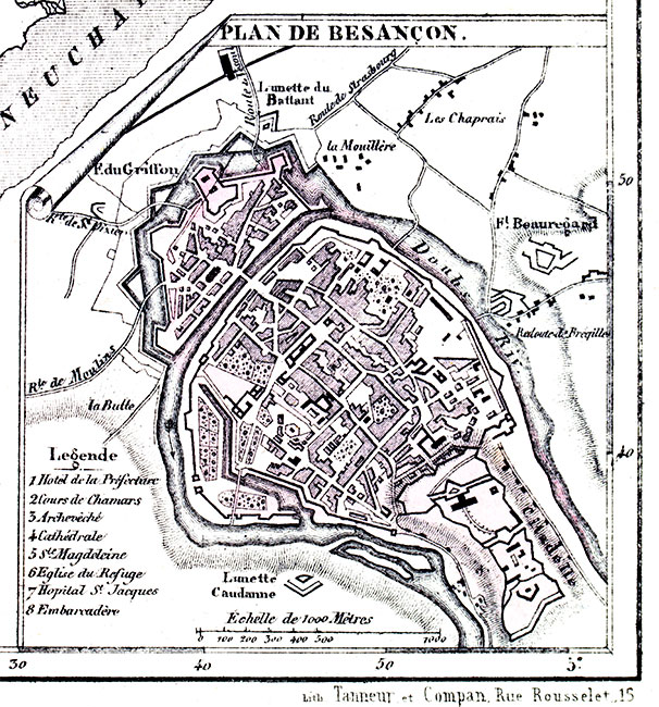 Plan de Besançon vers 1880 - gravure reproduite et retouchée par © Norbert Pousseur