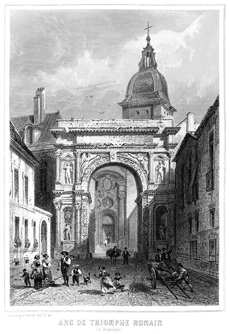 Arc de Triomphe, à Besançon, vers 1855 - gravure reproduite et retouchée numériquement par © Norbert Pousseur