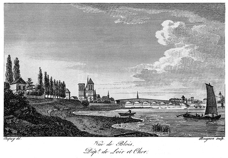 Vue de Blois et de son pont vers 1820 - dessiné par Chapuy - gravure reproduite puis  restaurée numériquement par Norbert Pousseur