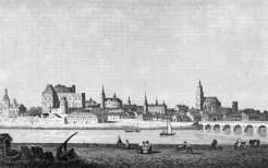 Zoom sur Blois le long de la Loire vers 1830 - dessiné par Rauych - gravure reproduite puis  restaurée numériquemnt par Norbert Pousseur