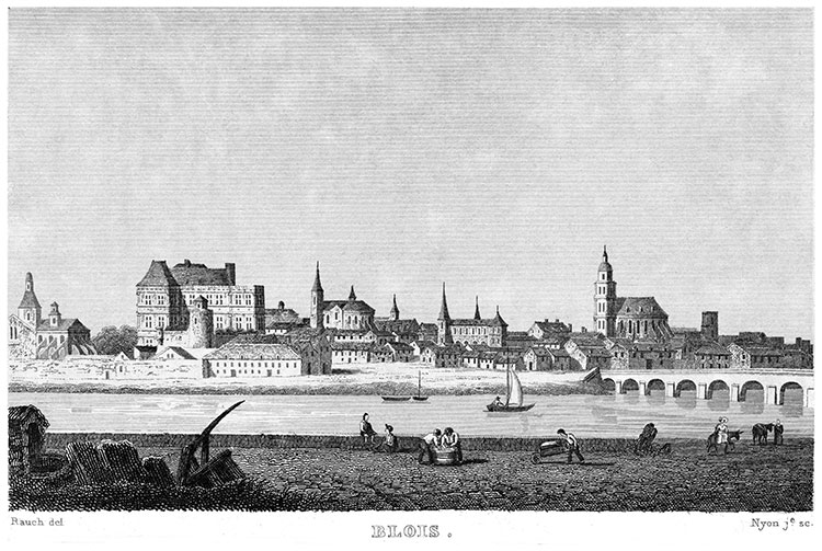 Blois le long de la Loire vers 1830 - dessiné par Rauych - gravure reproduite puis  restaurée numériquemnt par Norbert Pousseur