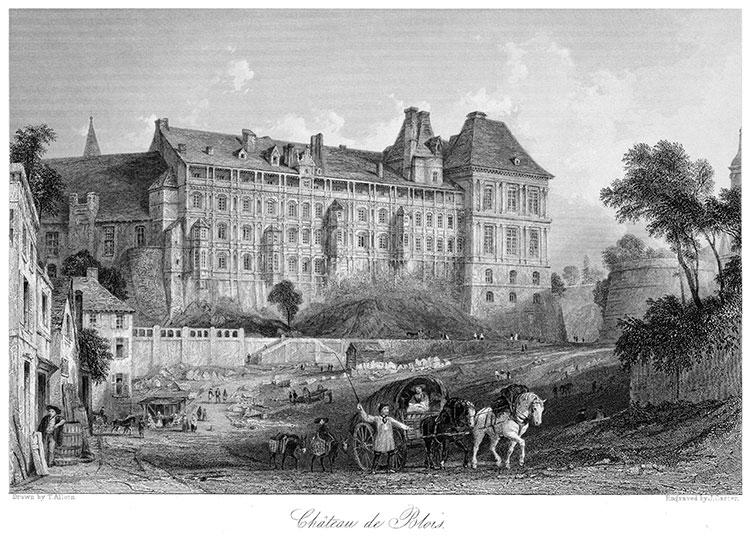 Château de Blois vers 1830 dessiné par Thomas Allom - gravure reproduite puis  restaurée numériquement par Norbert Pousseur