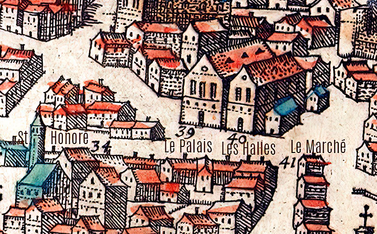 Le Palais et les Halles  de Blois en 1645 - détail du plan reproduit par la © BNF,  restaurée numériquement par Norbert Pousseur