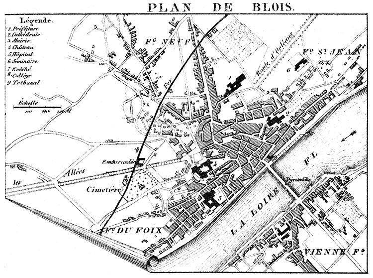 Plan de Blois vers 1880 - gravure reproduite puis  restaurée numériquement par Norbert Pousseur