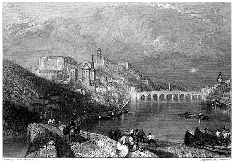 Blois et ses ponts vers 1850 - gravure reproduite puis  restaurée numériquement par Norbert Pousseur