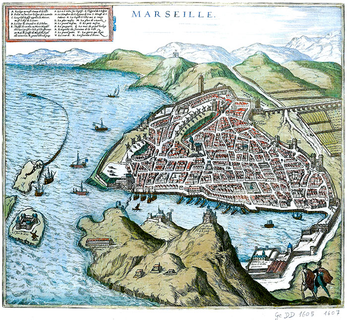 Marseille en perspective,gravure de 1607 de Frans Hogenberge, gravure  conservée et reproduite par la © BNF et restaurée par © Norbert Pousseur