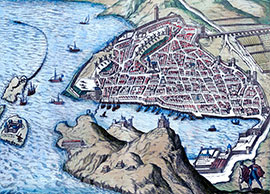 Imagette : Marseille en perspective,gravure de 1607 de Frans Hogenberge, gravure  conservée et reproduite par la © BNF et restaurée par © Norbert Pousseur