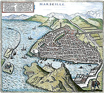 Marseille en perspective,gravure de 1607 de Frans Hogenberge, gravure  conservée et reproduite par la © BNF et restaurée par © Norbert Pousseur