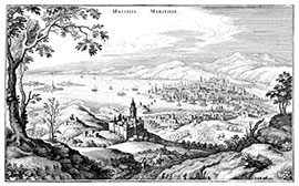Marseille et sa rade au 17ème siècle, gravure de Matthäus Merian conservée et reproduite par la © BBF et restaurée par © Norbert Pousseur