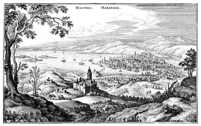 Marseille et sa rade au 17ème siècle, gravure de Matthäus Merian conservée et reproduite par la © BNF et restaurée par © Norbert Pousseur