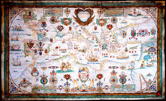 Carte de la méditerranée établie en 1662 par François Okive - gravure  conservée et reproduite par la © BNF et restaurée par © Norbert Pousseur