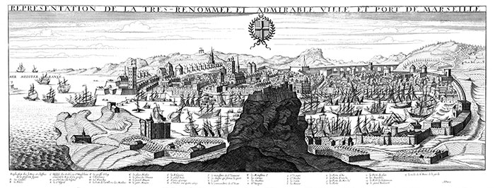 Ville et port de Marseille au 17ème siècle, gravure conservée et reproduite par la © BNF et restaurée par © Norbert Pousseur Ville et port de Marseille au 17ème siècle, gravure conservée et reproduite par la © BNF et restaurée par © Norbert Pousseur