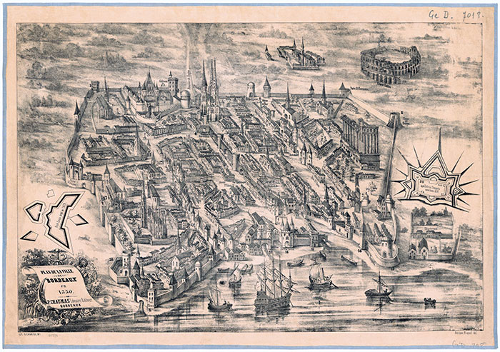 Bordeaux, reconstitution  de son aspect en 1550. Numérisation © BNF, corrections numériques -  © Norbert Pousseur