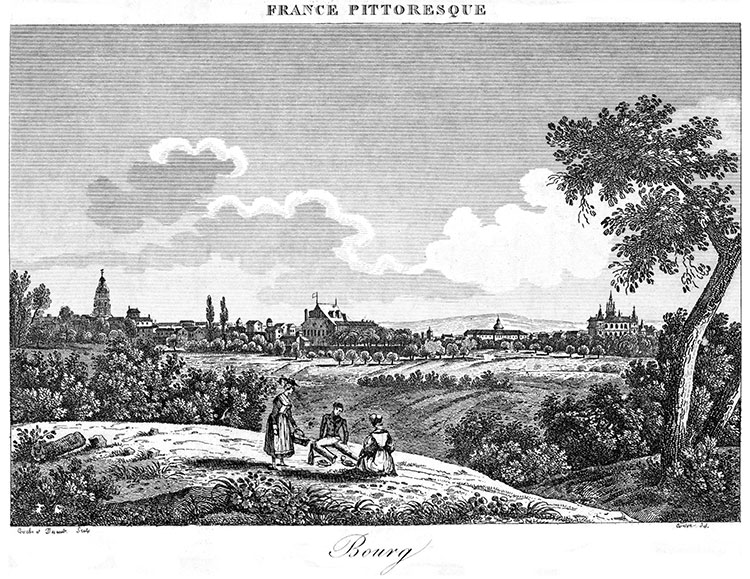 Bourg depuis sa campagne, vers 1830 - gravure reproduite et restaurée numériquement par © Norbert Pousseur