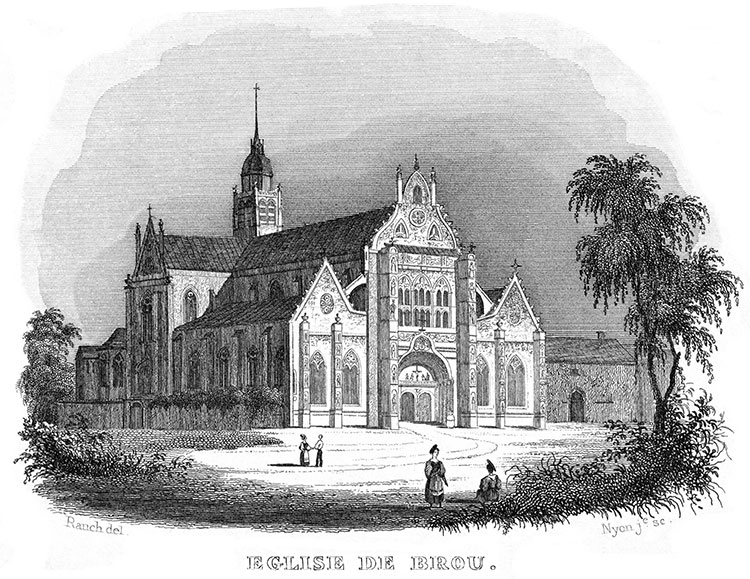 Eglise de Brou près de Bourg vers 1835 - gravure reproduite et restaurée numériquement par © Norbert Pousseur