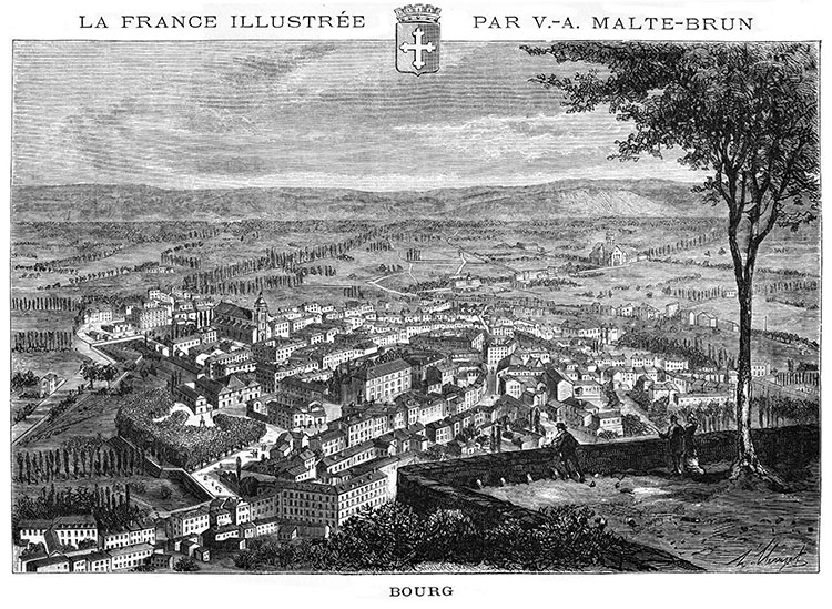 Bourg vers 1880 - gravure reproduite et restaurée numériquement par © Norbert Pousseur