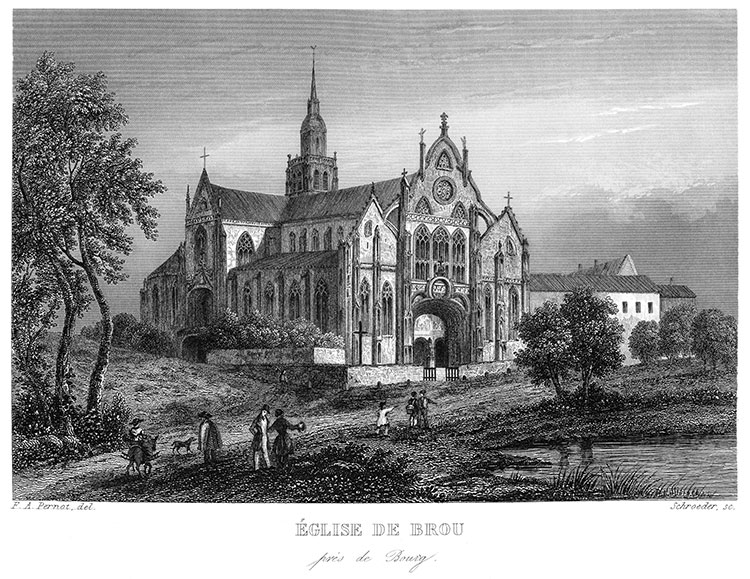 Eglise de Brou et son chemin, vers 1850 - gravure reproduite et restaurée numériquement par © Norbert Pousseur